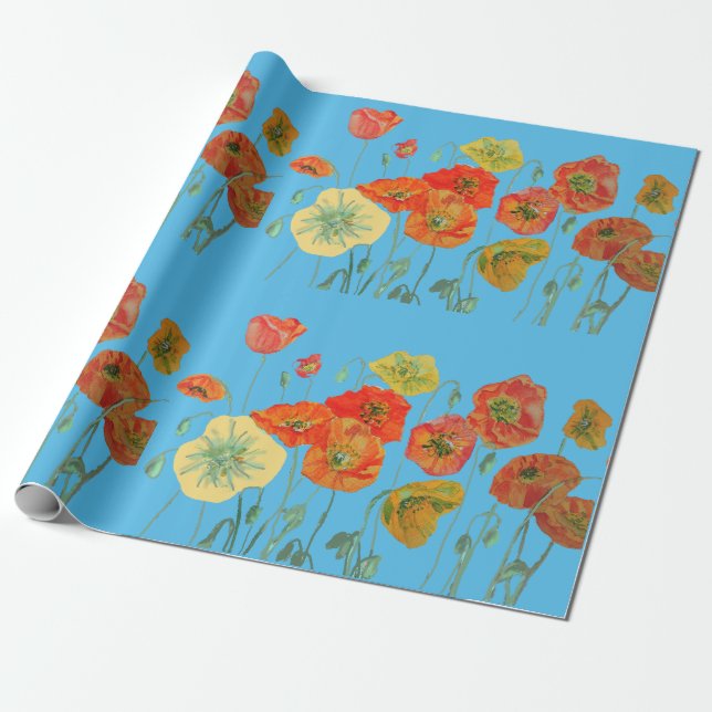 Orange Red Poppies Blue Watercolor Wrapping Paper (Unrolled)