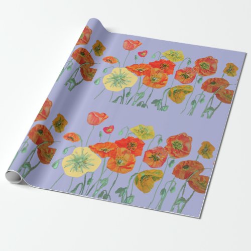 Orange Red Poppies Mauve Purple Watercolor Wrapping Paper