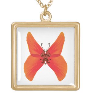 Orange Red Poppy Butterfly with Your Name Gold Plated Necklace