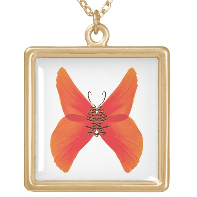 Orange Red Poppy Butterfly with Your Name Gold Plated Necklace (Front)