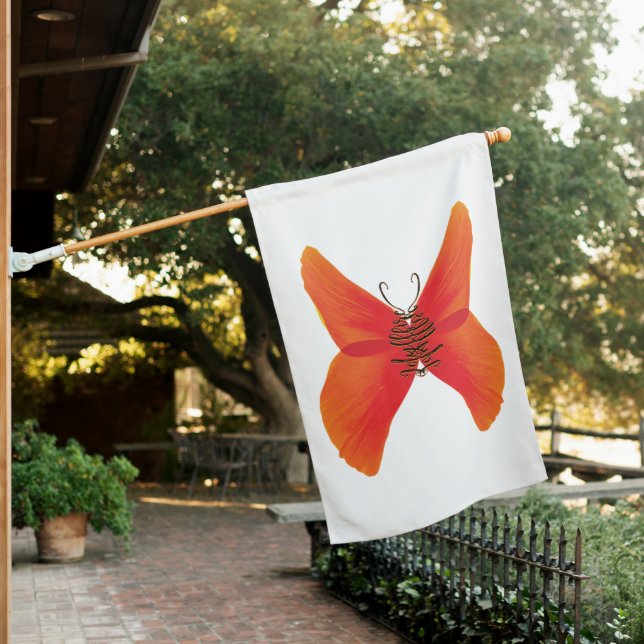 Orange Red Poppy Butterfly with Your Name House Flag (In SItu)
