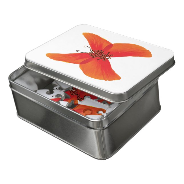 Orange Red Poppy Butterfly with Your Name Jigsaw Puzzle (Lid Open)