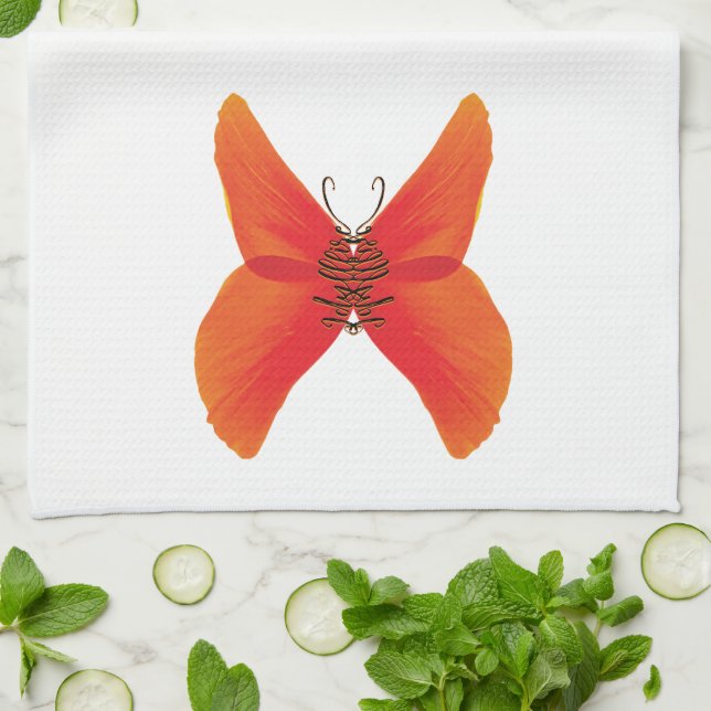 Orange Red Poppy Butterfly with Your Name Kitchen Towel (Folded)