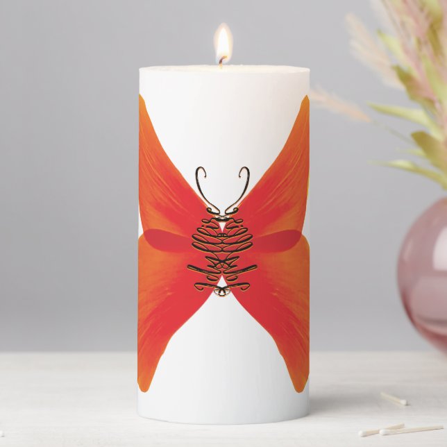 Orange Red Poppy Butterfly with Your Name Pillar Candle (In Situ)
