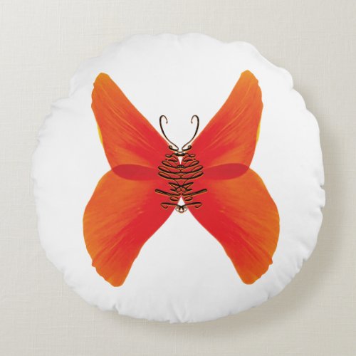 Orange Red Poppy Butterfly with Your Name Round Pillow