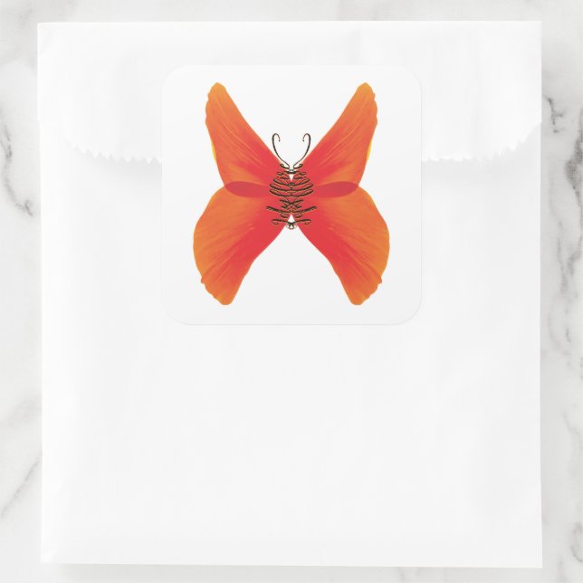 Orange Red Poppy Butterfly with Your Name Square Sticker (Bag)