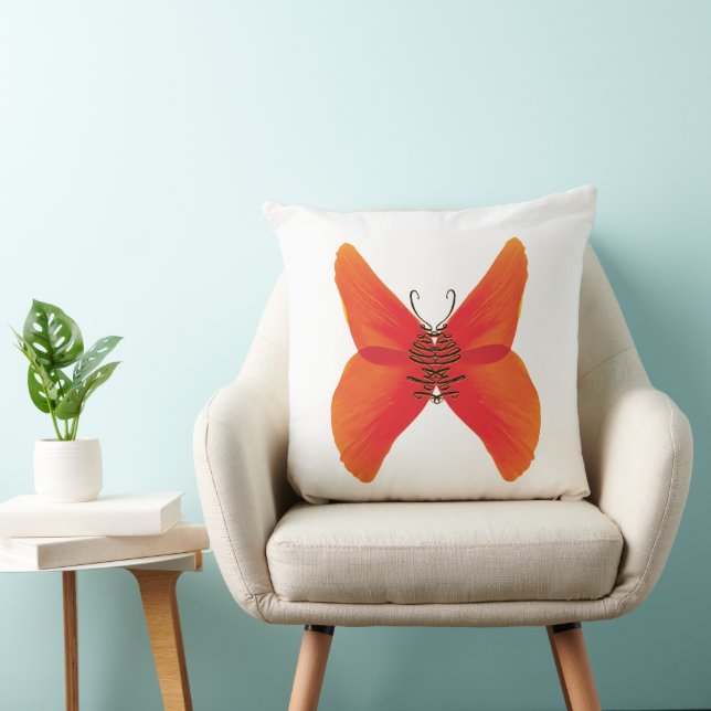 Orange Red Poppy Butterfly with Your Name Throw Pillow (Chair)