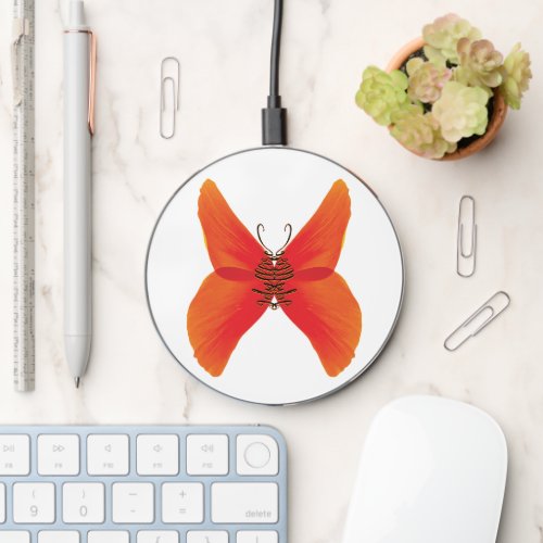 Orange Red Poppy Butterfly with Your Name Wireless Charger