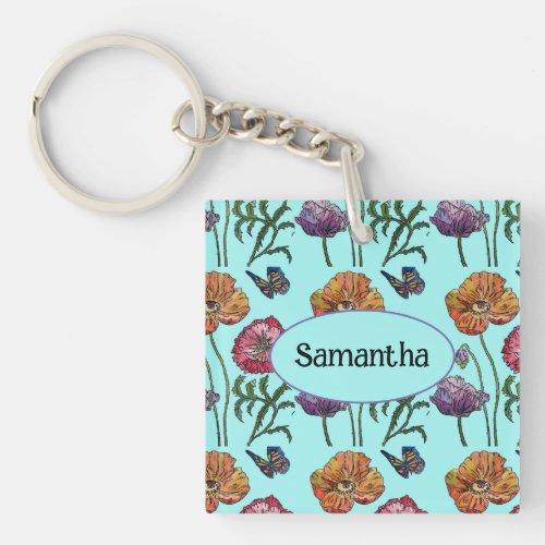 Orange Red Poppy Floral Aqua Customizable Name Keychain