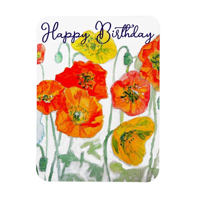 Orange Red Poppy Flower Pattern Happy Birthday Magnet (Vertical)