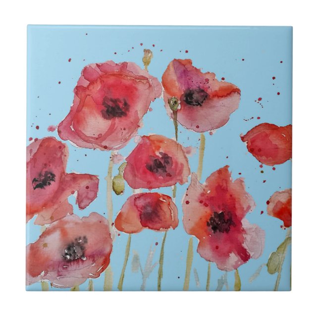 Orange Red Poppy Flower Pattern on Blue Ceramic Tile (Front)