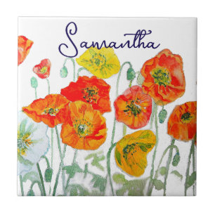Orange Red Poppy Flower Pattern Thank You Ceramic Tile
