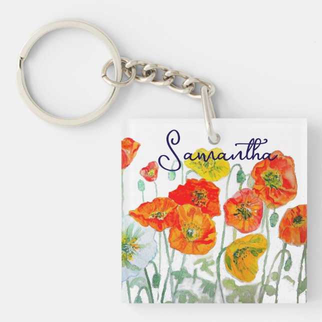 Orange Red Poppy Flower Pattern Thank You Keychain (Front)