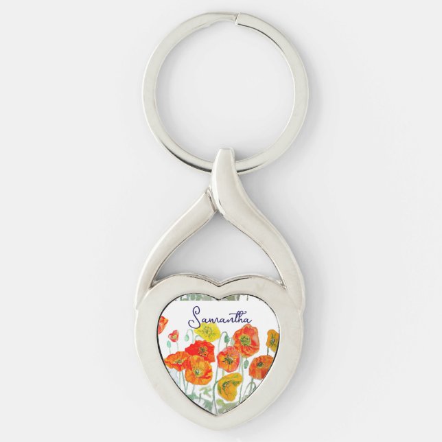 Orange Red Poppy Flower Pattern Thank You Keychain (Front)