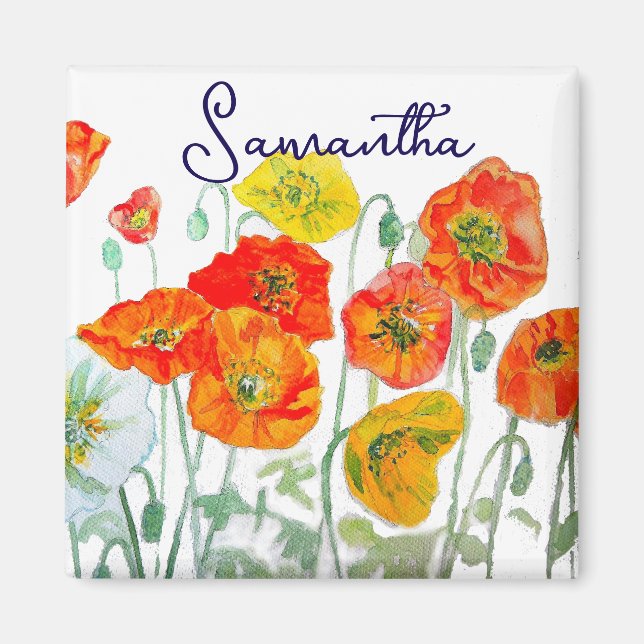 Orange Red Poppy Flower Pattern Thank You Magnet (Front)