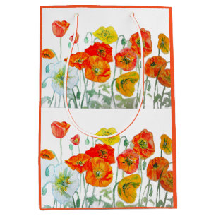 Orange Red Poppy Flower Pattern Watercolor Medium Gift Bag