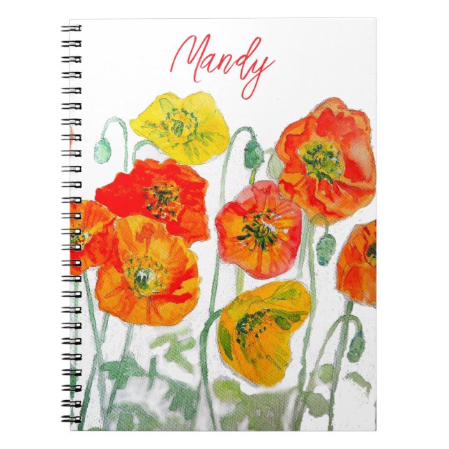 Orange Red Poppy Flower Pattern Watercolor Notebook (Front)