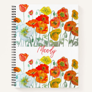 Orange Red Poppy Flower Pattern Watercolor Notebook