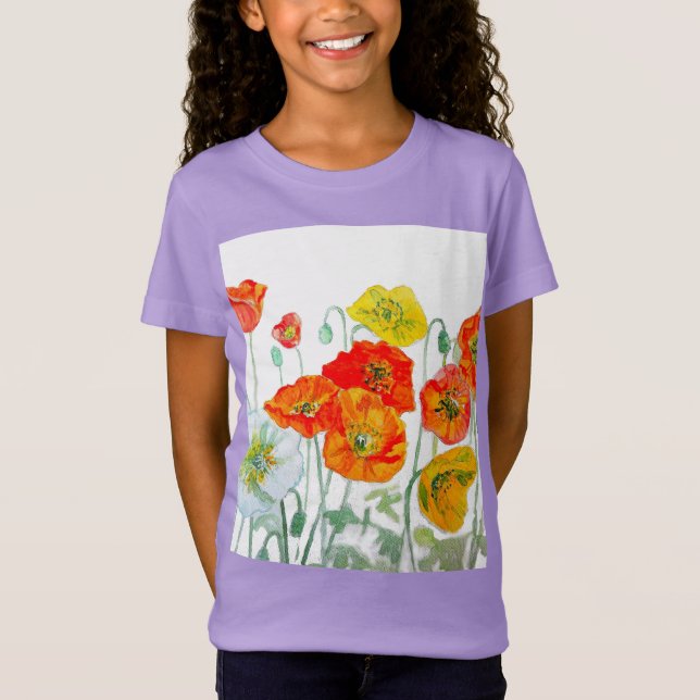 Orange Red Poppy Flower Pattern Watercolor T-Shirt (Front)
