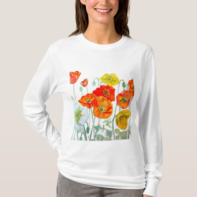 Orange Red Poppy Flower Pattern Watercolor T-Shirt (Front)