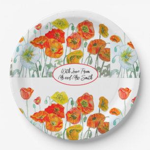 Orange Red Poppy Flower Pattern Watercolor Wedding Paper Plates