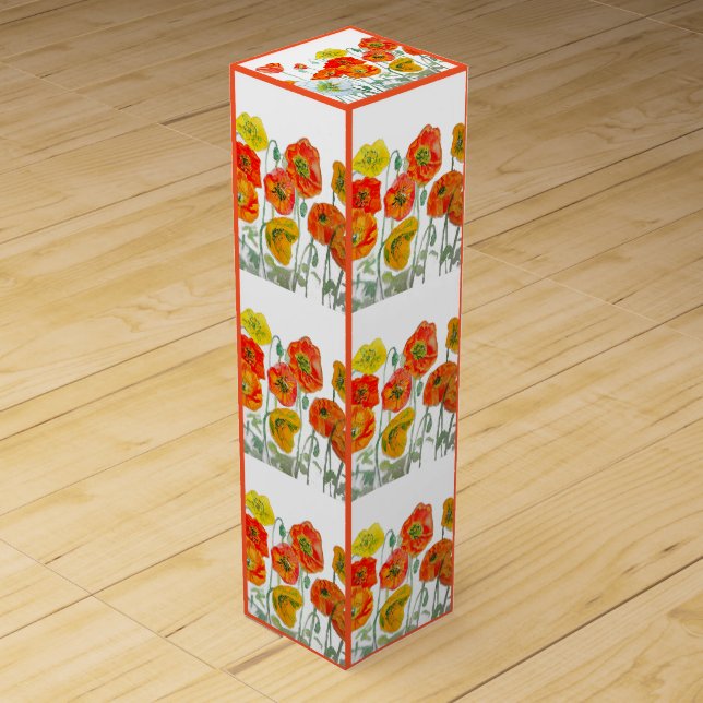 Orange Red Poppy Flower Pattern Watercolor Wine Box (Front)