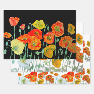 Orange Red Poppy Flower Pattern Watercolor Wrapping Paper Sheets