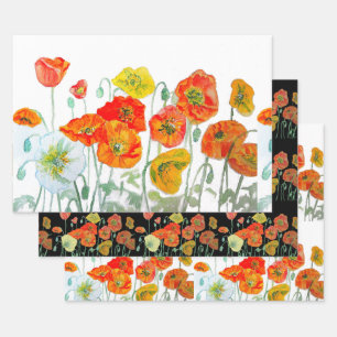 Orange Red Poppy Flower Pattern Watercolor Wrapping Paper Sheets