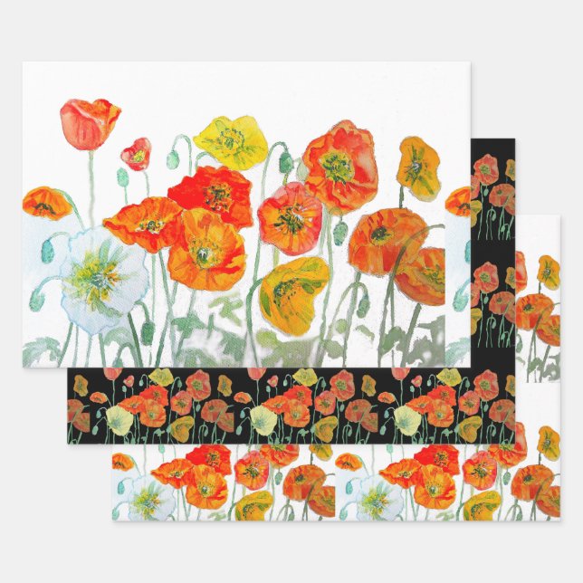 Orange Red Poppy Flower Pattern Watercolor Wrapping Paper Sheets (Set)