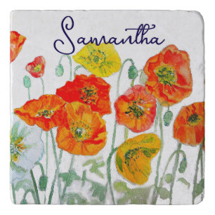 Orange Red Poppy Flower Pattern Womans Name Trivet