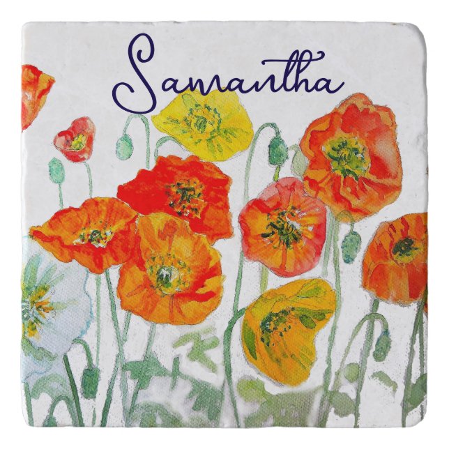 Orange Red Poppy Flower Pattern Womans Name Trivet (Front)