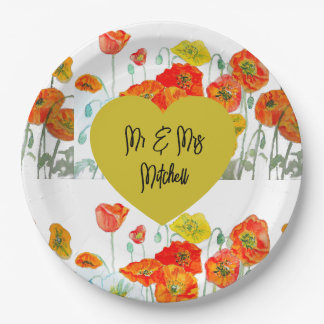 Orange Red Poppy Flower Watercolor Wedding Dinner Paper Plates
