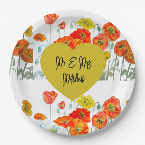Orange Red Poppy Flower Watercolor Wedding Dinner Paper Plates