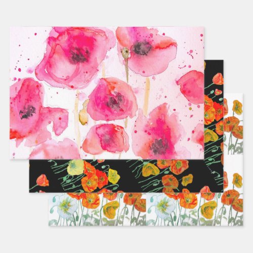Orange Red Poppy Flower Watercolor Womans BIrthday Wrapping Paper Sheets