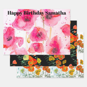 Orange Red Poppy Flower Watercolor Womans BIrthday Wrapping Paper Sheets
