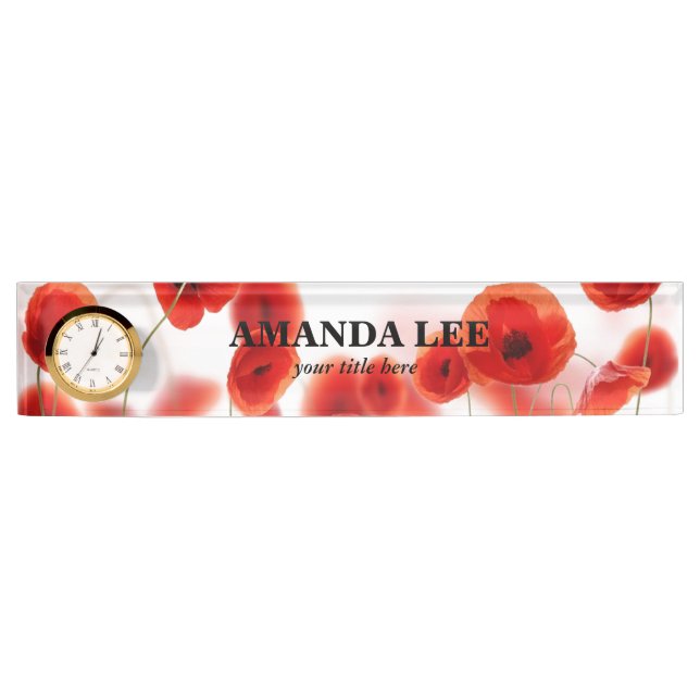 Orange Red Poppy Flowers on White Personalized Desk Name Plate (Front)