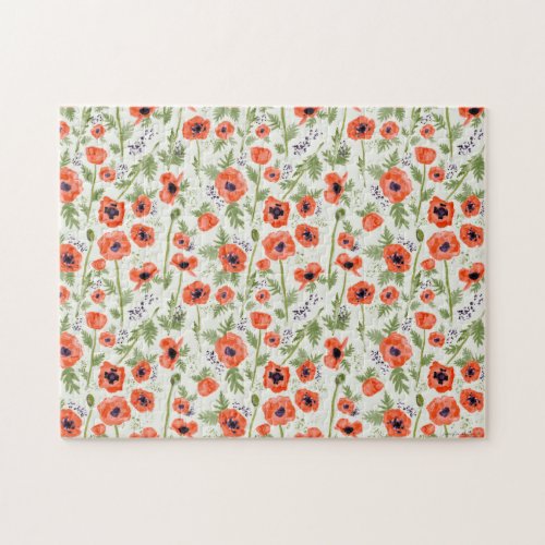 Orange Red Poppy Flowers Watercolor Jigsaw Puzzle