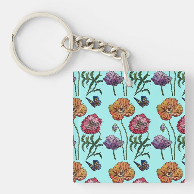 Orange Red Poppy Poppies Floral Aqua Keychain (Front)