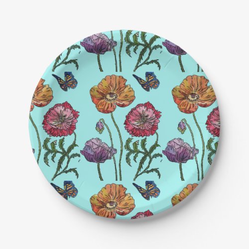 Orange Red Poppy Poppies Floral Aqua Paper Plates