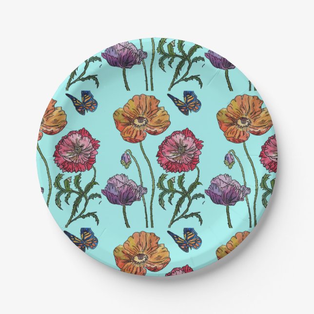 Orange Red Poppy Poppies Floral Aqua Paper Plates (Front)