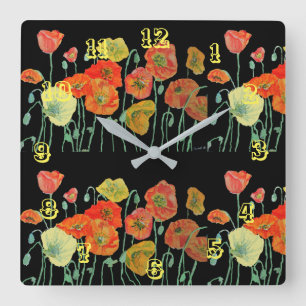 Orange Red poppy Poppies Floral Watercolor Black  Square Wall Clock