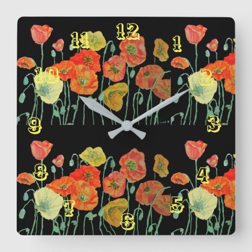 Orange Red poppy Poppies Floral Watercolor Black  Square Wall Clock