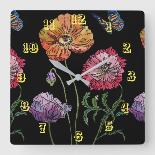 Orange Red poppy Poppies Floral Watercolor Black   Square Wall Clock