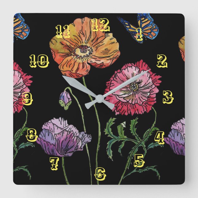 Orange Red poppy Poppies Floral Watercolor Black   Square Wall Clock (Front)
