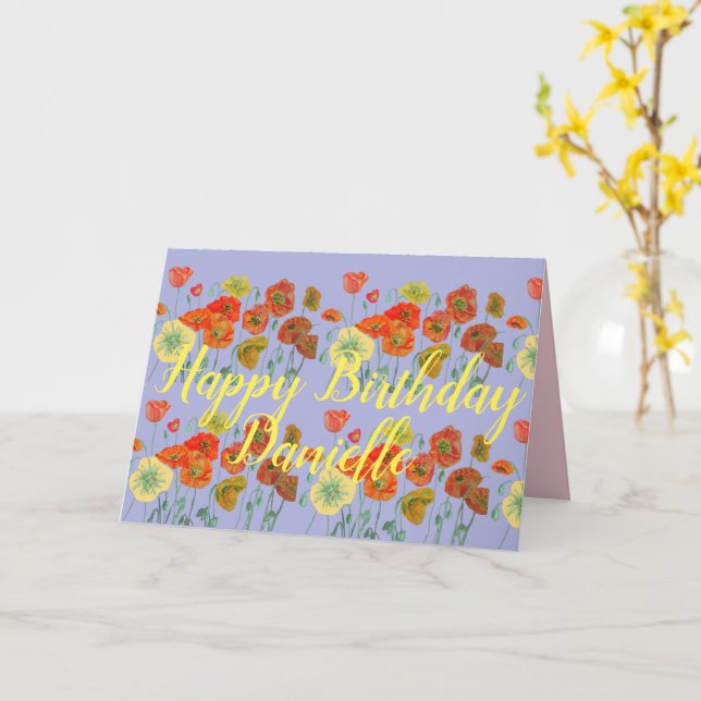 Orange Red Poppy Poppies Purple Happy Birthday Card (Yellow Flower)