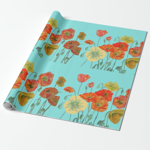 Orange Red Poppy Poppies Watercolor Wrapping Paper