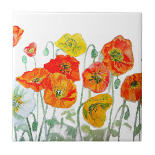 Orange Red Poppy Watercolor Flower Pattern Art Ceramic Tile