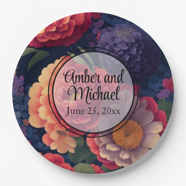 Orange red purple floral elegant calligraphy  paper plates (Front)