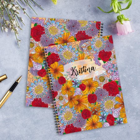 Orange Red Purple Garden Doodle Flowers 