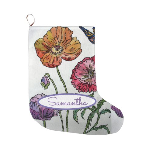 Orange Red Purple Poppy Poppies Floral Flower Large Christmas Stocking